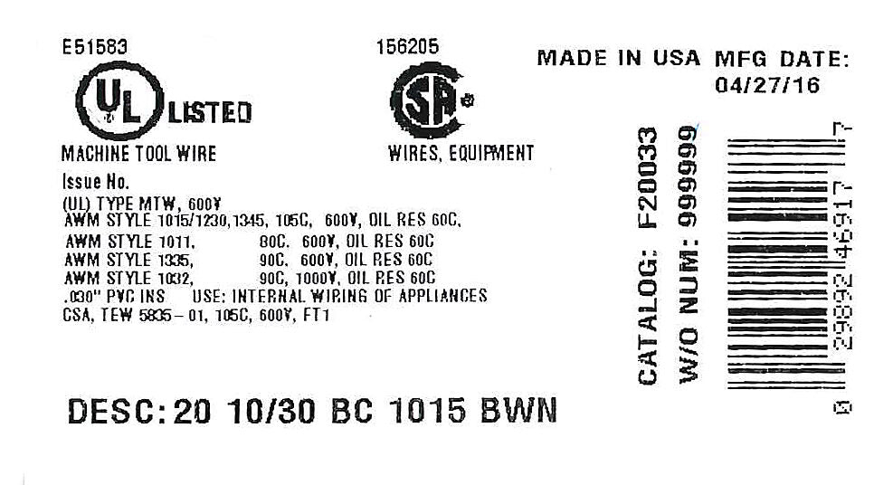 Atlas Wire MTW hook-up wire, single conductor, 20 AWG, 10-stranded, bare copper, PVC conductor insulation material, brown, 600V, 500ft spool.-MTW20BN