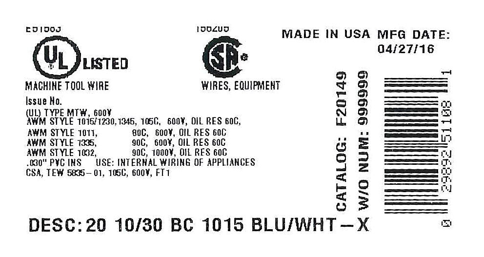 Atlas Wire MTW hook-up wire, single conductor, 20 AWG, 10-stranded, bare copper, PVC conductor insulation material, blue with white stripe, 600V, 500ft spool.-MTW20BW