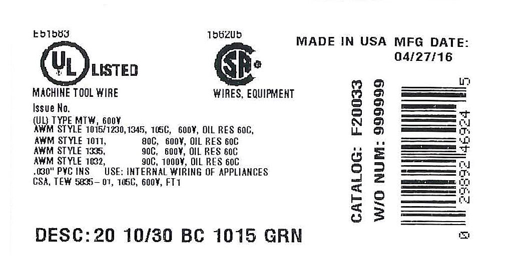 Atlas Wire MTW hook-up wire, single conductor, 20 AWG, 10-stranded, bare copper, PVC conductor insulation material, green, 600V, 500ft spool.-MTW20GN