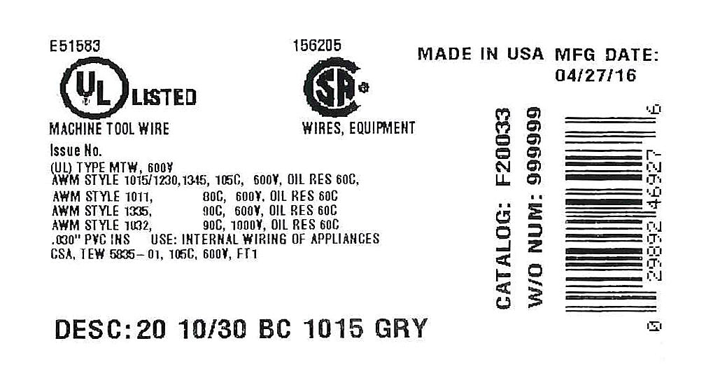 Atlas Wire MTW hook-up wire, single conductor, 20 AWG, 10-stranded, bare copper, PVC conductor insulation material, gray, 600V, 500ft spool.-MTW20GY