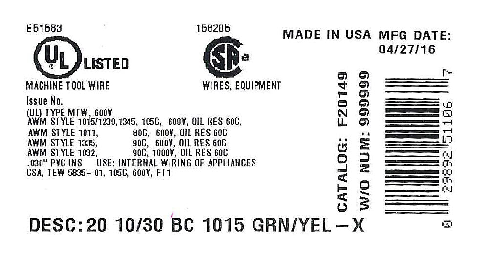 Atlas Wire MTW hook-up wire, single conductor, 20 AWG, 10-stranded, bare copper, PVC conductor insulation material, green with yellow stripe, 600V, 500ft spool.-MTW20GYL