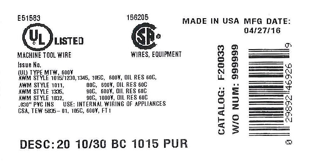 Atlas Wire MTW hook-up wire, single conductor, 20 AWG, 10-stranded, bare copper, PVC conductor insulation material, purple, 600V, 500ft spool.-MTW20PL