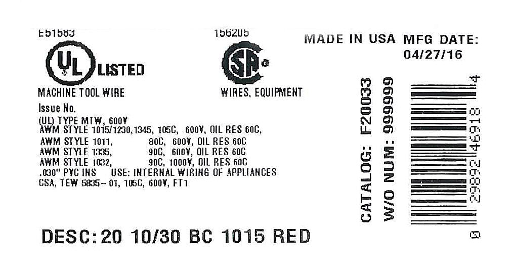 Atlas Wire MTW hook-up wire, single conductor, 20 AWG, 10-stranded, bare copper, PVC conductor insulation material, red, 600V, 500ft spool.-MTW20RD