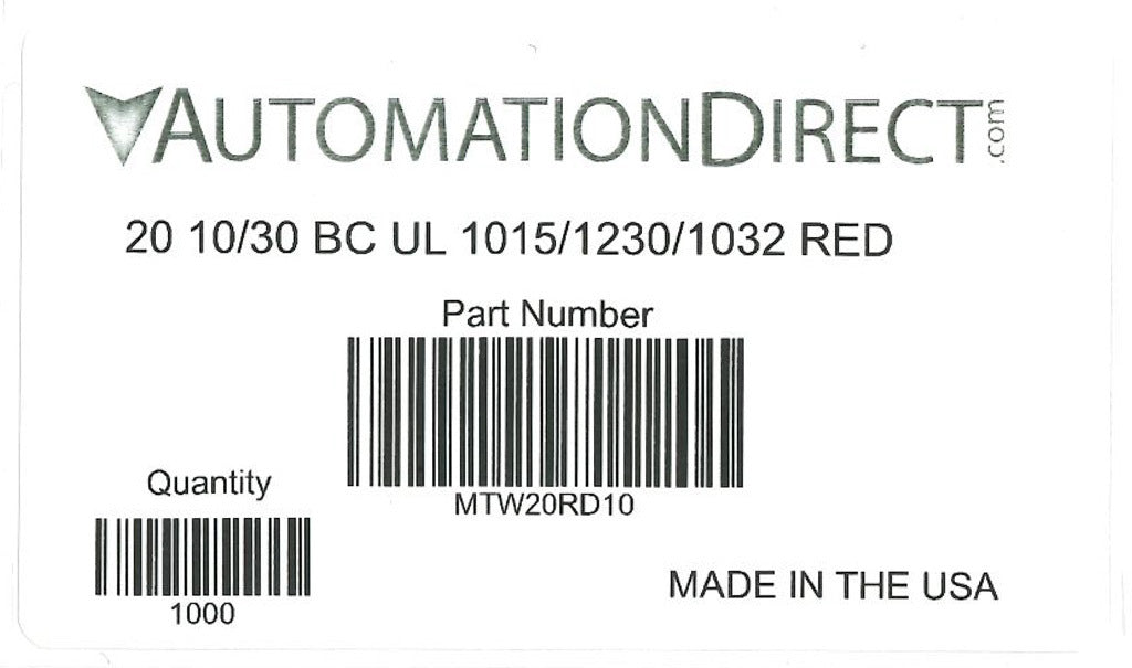 Atlas Wire MTW hook-up wire, single conductor, 20 AWG, 10-stranded, bare copper, PVC conductor insulation material, red, 600V, 1000ft spool.-MTW20RD10