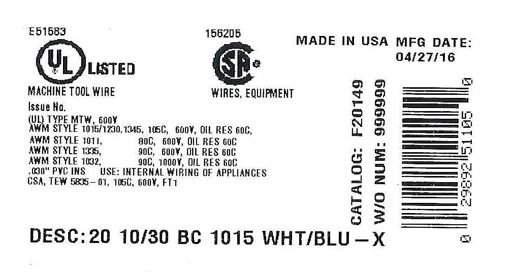 Atlas Wire MTW hook-up wire, single conductor, 20 AWG, 10-stranded, bare copper, PVC conductor insulation material, white with blue stripe, 600V, 500ft spool.-MTW20WB