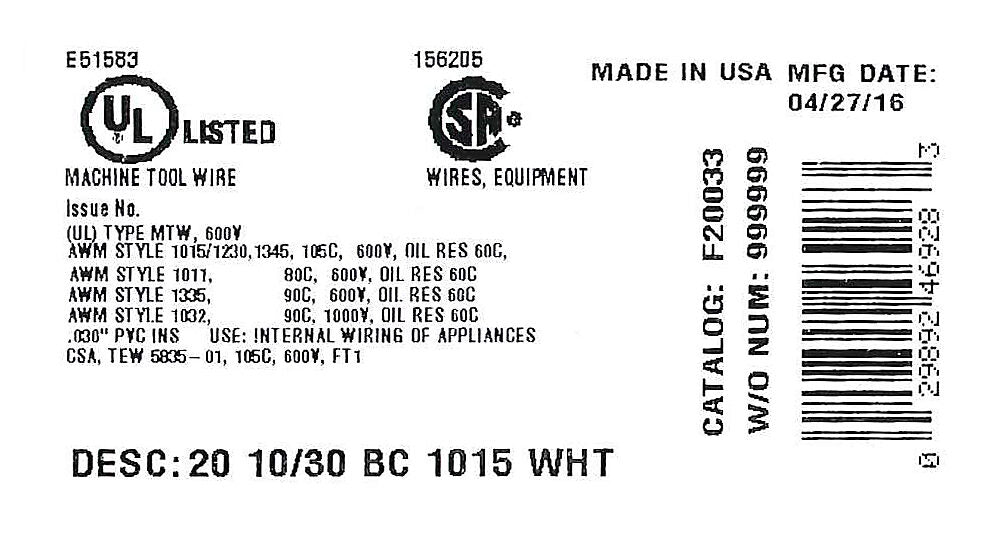 Atlas Wire MTW hook-up wire, single conductor, 20 AWG, 10-stranded, bare copper, PVC conductor insulation material, white, 600V, 500ft spool.-MTW20WH