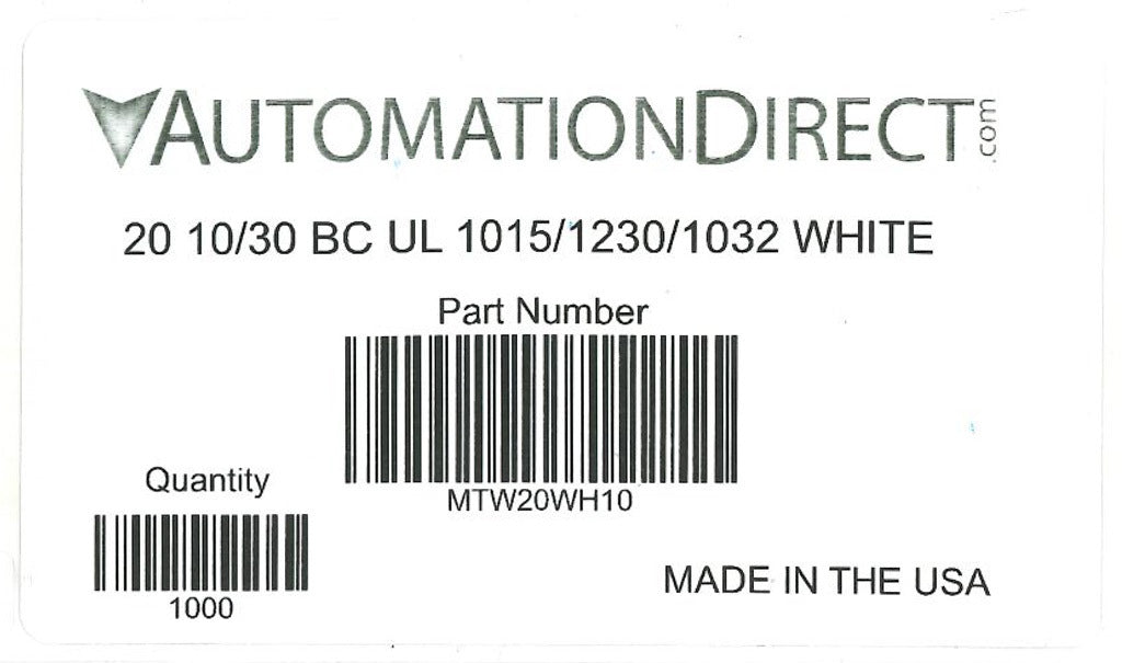 Atlas Wire MTW hook-up wire, single conductor, 20 AWG, 10-stranded, bare copper, PVC conductor insulation material, white, 600V, 1000ft spool.-MTW20WH10