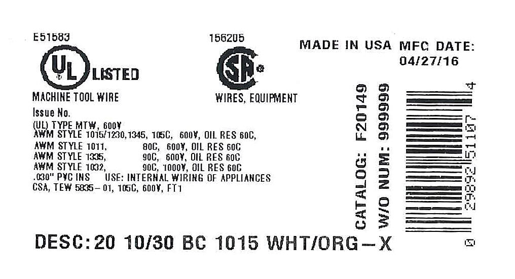 Atlas Wire MTW hook-up wire, single conductor, 20 AWG, 10-stranded, bare copper, PVC conductor insulation material, white with orange stripe, 600V, 500ft spool.-MTW20WO