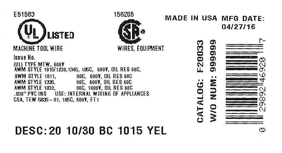 Atlas Wire MTW hook-up wire, single conductor, 20 AWG, 10-stranded, bare copper, PVC conductor insulation material, yellow, 600V, 500ft spool.-MTW20YL