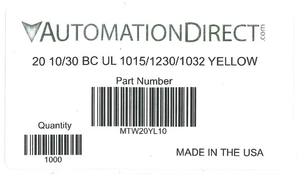 Atlas Wire MTW hook-up wire, single conductor, 20 AWG, 10-stranded, bare copper, PVC conductor insulation material, yellow, 600V, 1000ft spool.-MTW20YL10