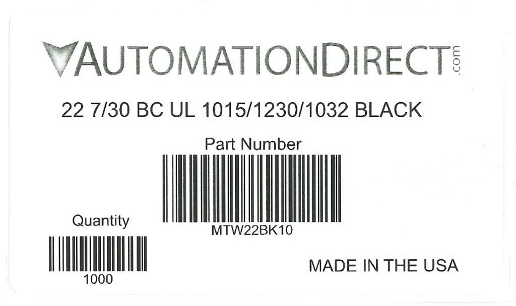 Atlas Wire MTW hook-up wire, single conductor, 22 AWG, 7-stranded, bare copper, PVC conductor insulation material, black, 600V, 1000ft spool.-MTW22BK10