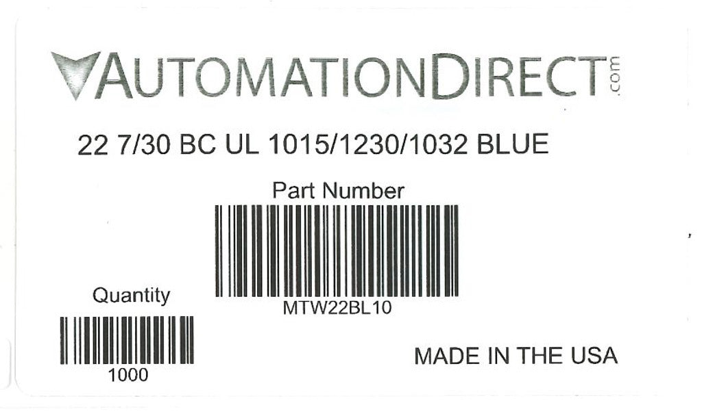 Atlas Wire MTW hook-up wire, single conductor, 22 AWG, 7-stranded, bare copper, PVC conductor insulation material, blue, 600V, 1000ft spool.-MTW22BL10