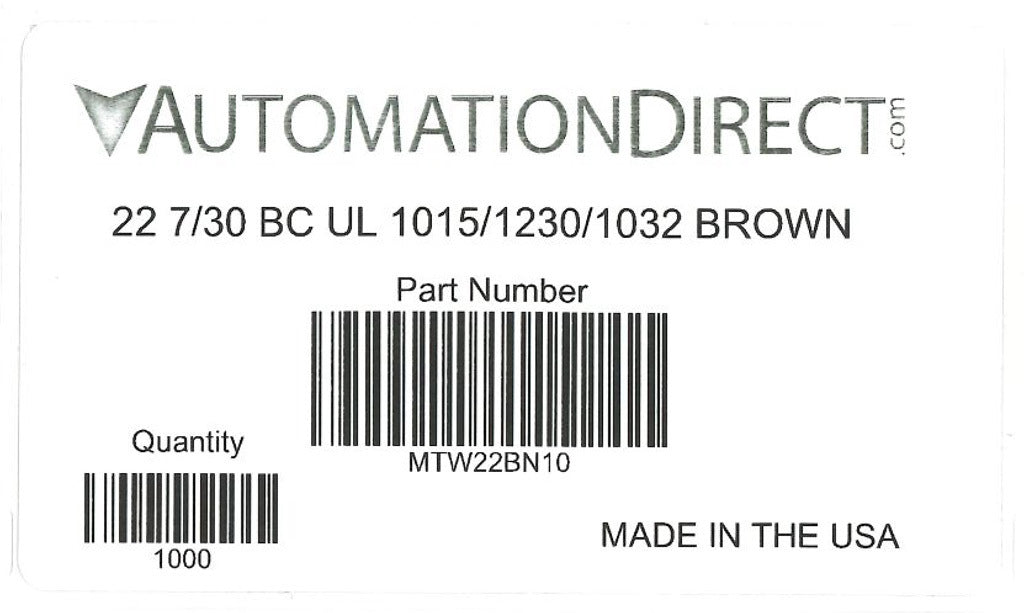 Atlas Wire MTW hook-up wire, single conductor, 22 AWG, 7-stranded, bare copper, PVC conductor insulation material, brown, 600V, 1000ft spool.-MTW22BN10