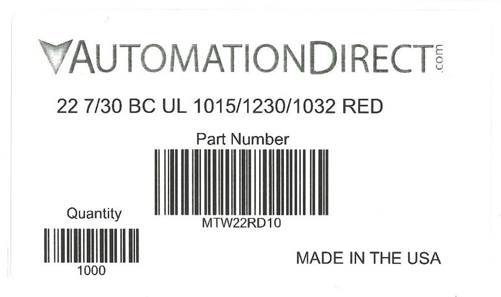 Atlas Wire MTW hook-up wire, single conductor, 22 AWG, 7-stranded, bare copper, PVC conductor insulation material, red, 600V, 1000ft spool.-MTW22RD10
