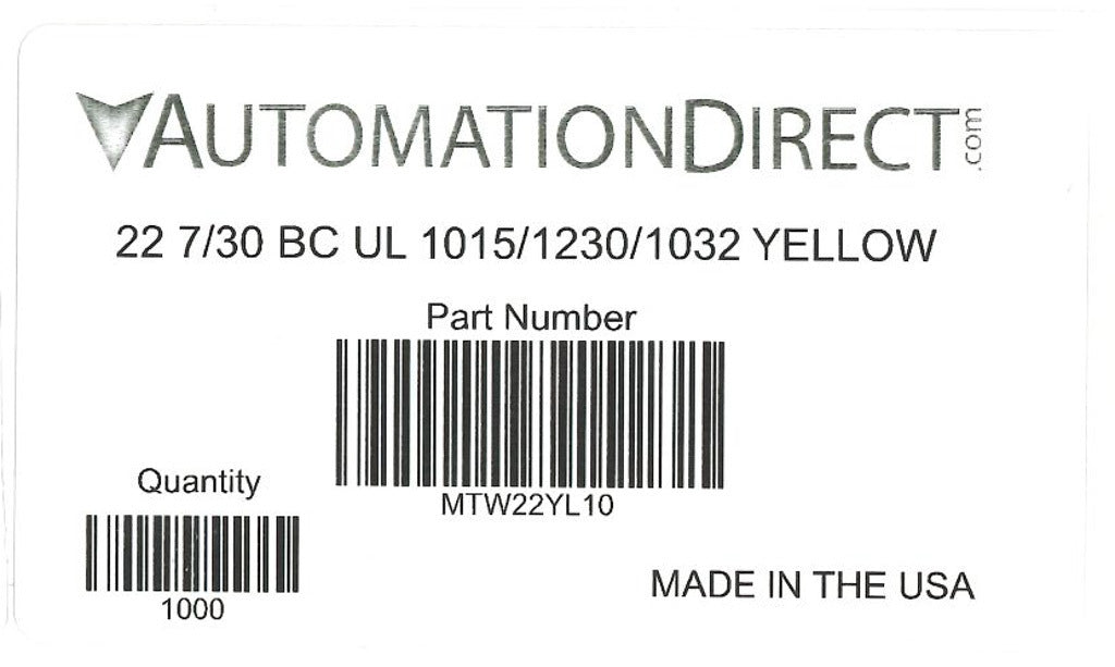 Atlas Wire MTW hook-up wire, single conductor, 22 AWG, 7-stranded, bare copper, PVC conductor insulation material, yellow, 600V, 1000ft spool.-MTW22YL10