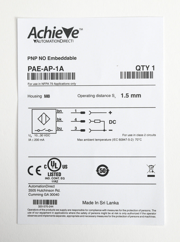 AchieVe inductive proximity sensor, tubular, 8mm diameter x 22mm body, 304 stainless steel housing, PNP, N.O. output, 1.5mm sensing distance, flush, 5 kHz switching frequency, IP67, pigtail.-PAE-AP-1A