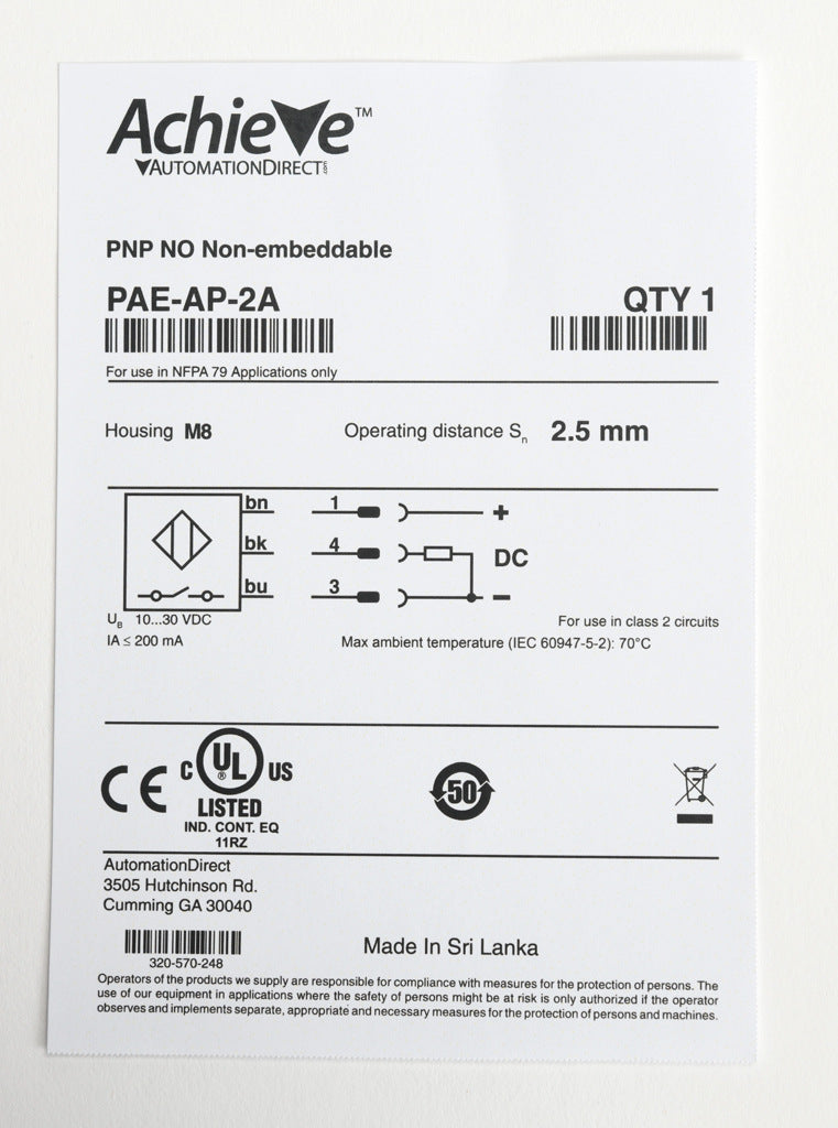 AchieVe inductive proximity sensor, tubular, 8mm diameter x 22mm body, 304 stainless steel housing, PNP, N.O. output, 2.5mm sensing distance, non-flush, 4.5 kHz switching frequency, IP67, pigtail.-PAE-AP-2A