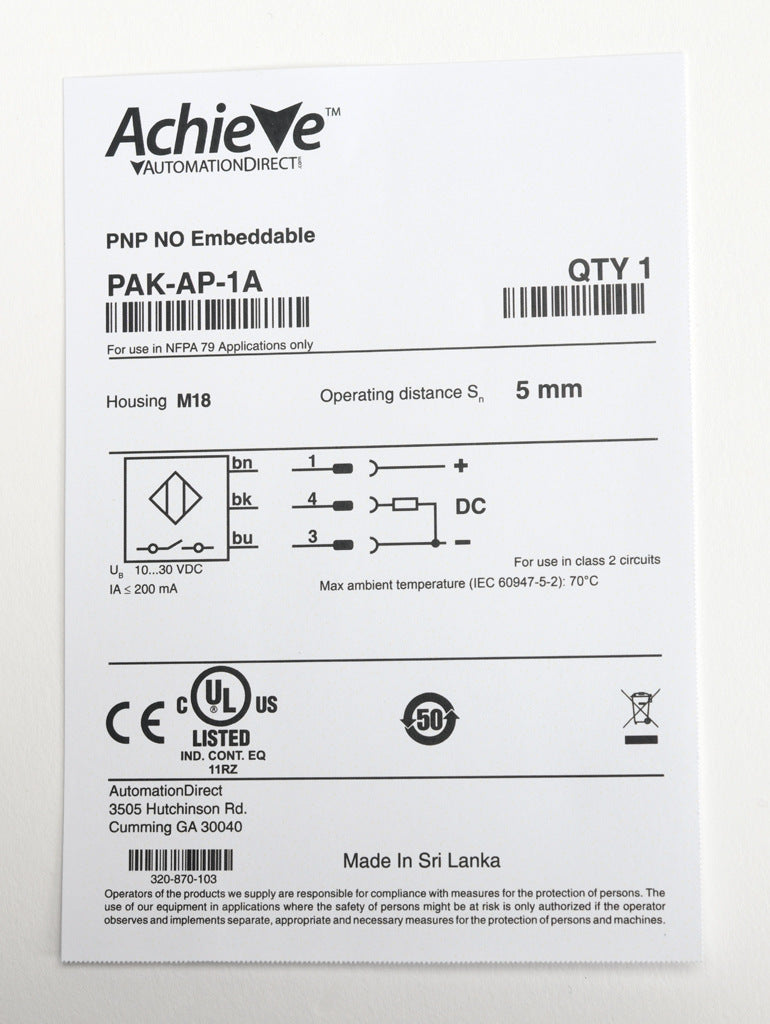 AchieVe inductive proximity sensor, tubular, 18mm diameter x 50mm body, nickel-plated brass housing, PNP, N.O. output, 5mm sensing distance, flush, 2 kHz switching frequency, IP67, pigtail.-PAK-AP-1A