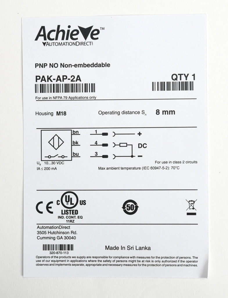 AchieVe inductive proximity sensor, tubular, 18mm diameter x 50mm body, nickel-plated brass housing, PNP, N.O. output, 8mm sensing distance, non-flush, 2 kHz switching frequency, IP67, pigtail.-PAK-AP-2A