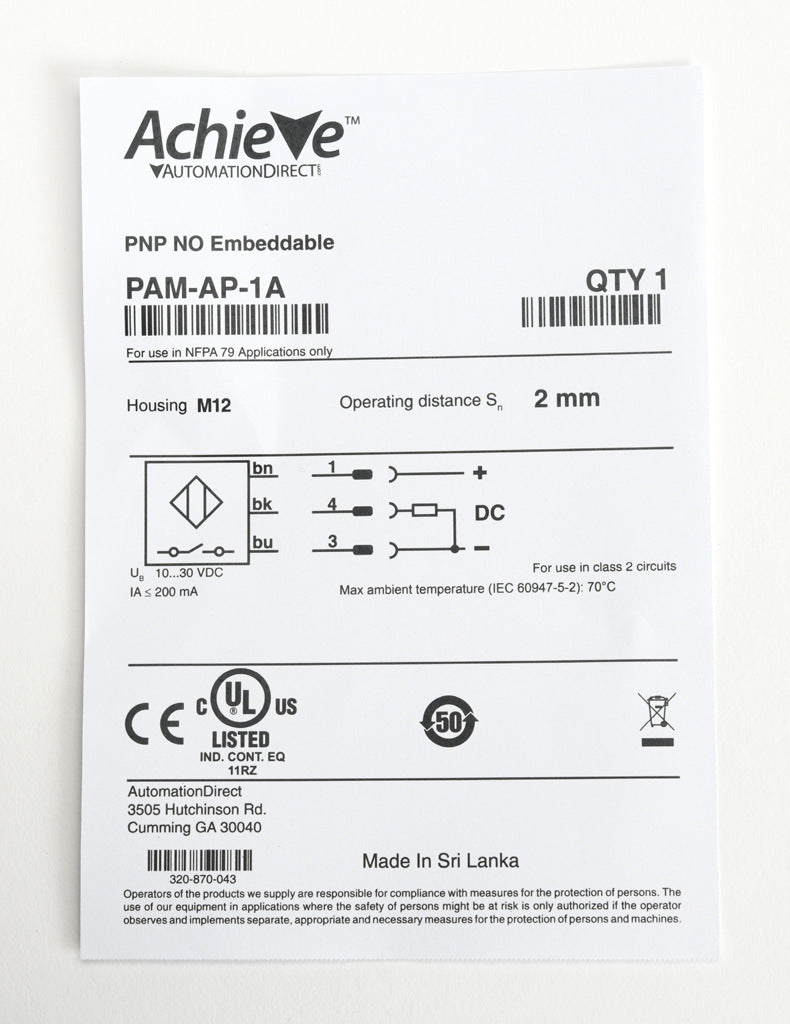 AchieVe inductive proximity sensor, tubular, 12mm diameter x 35mm body, nickel-plated brass housing, PNP, N.O. output, 2mm sensing distance, flush, 3 kHz switching frequency, IP67, pigtail.-PAM-AP-1A