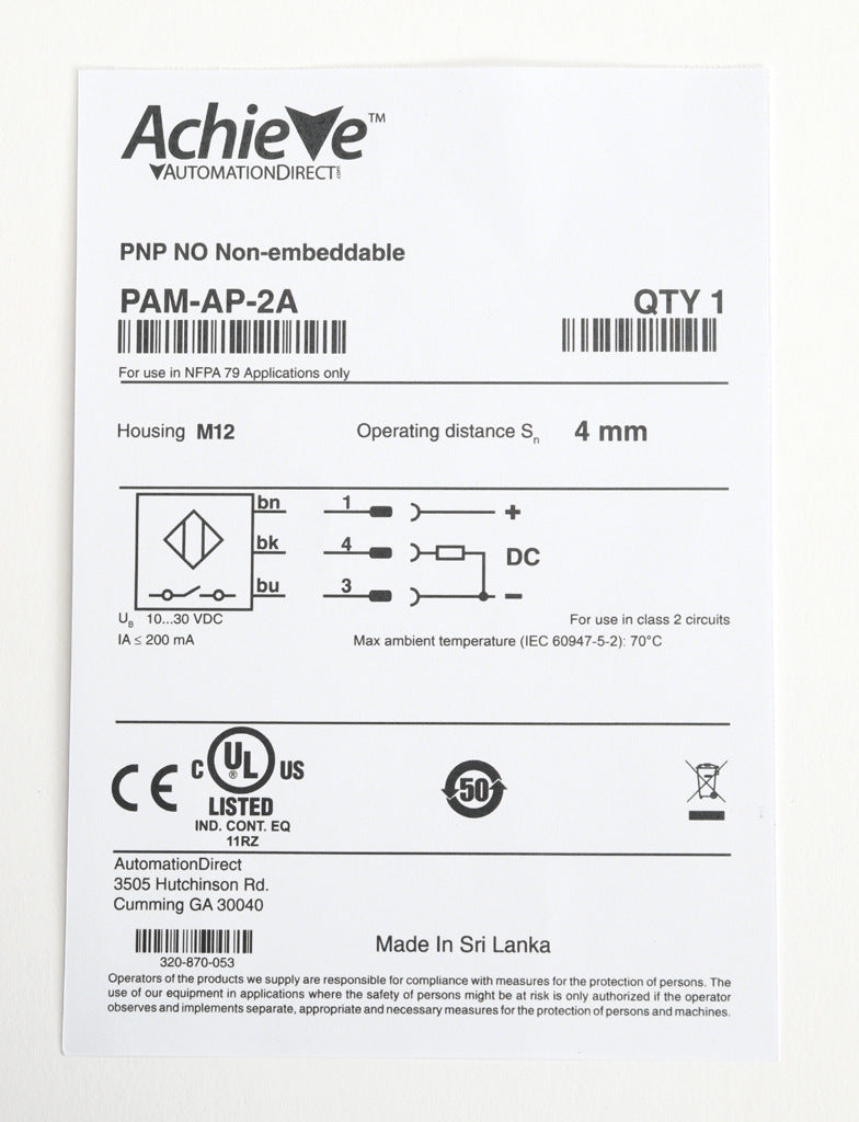 AchieVe inductive proximity sensor, tubular, 12mm diameter x 35mm body, nickel-plated brass housing, PNP, N.O. output, 4mm sensing distance, non-flush, 2 kHz switching frequency, IP67, pigtail.-PAM-AP-2A