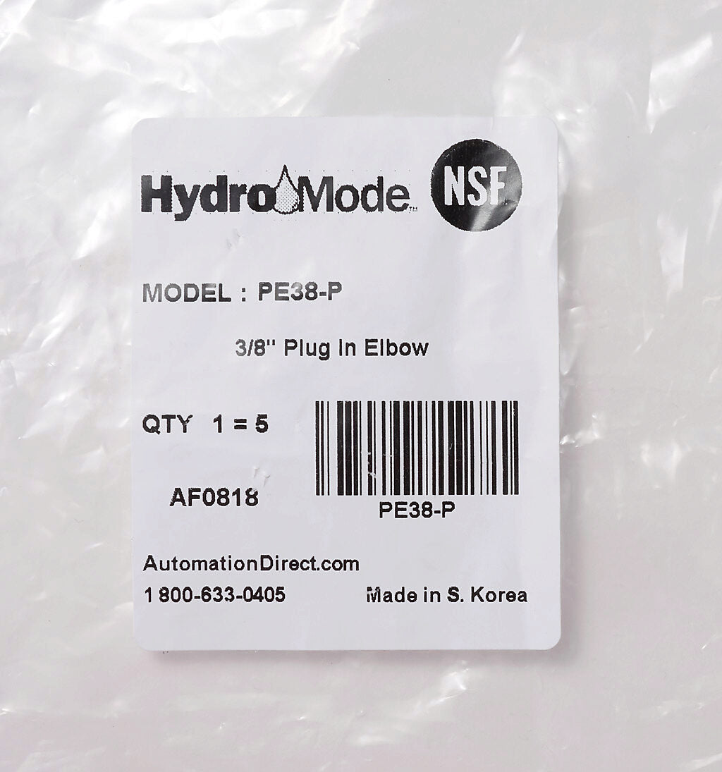 HydroMode potable water push-to-connect fitting, plug-in elbow, acetal body, (1) 3/8in plug-in to (1) 3/8in push-to-connect. Package of 5.-PE38-P