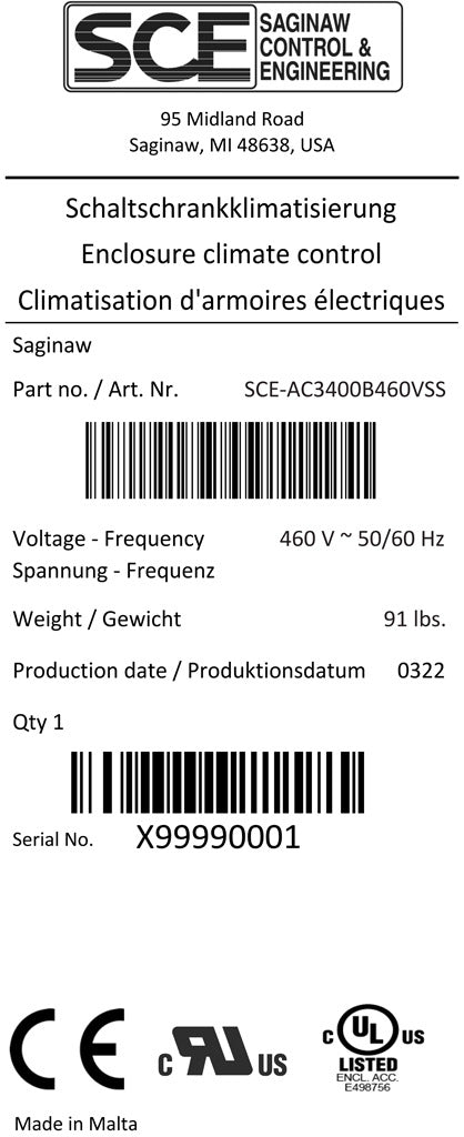 Saginaw Enviro-Therm air conditioner, 3400 BTU/H, R-134a or R-513a, 460 VAC operating voltage, 304 stainless steel housing, side mount. For use with NEMA/UL Type 3R, 4, 4X & 12 enclosures.-SCE-AC3400B460VSS