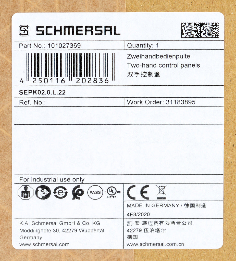 Schmersal control panel, two-hand safety, plastic, empty enclosure.-SEPK02.0.L.22