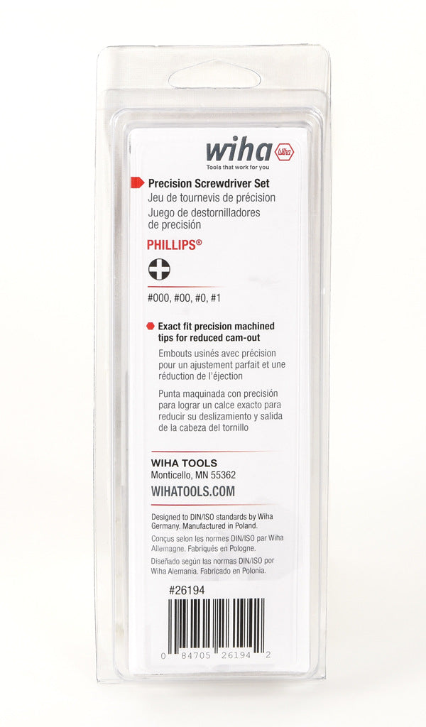 Wiha precision screwdriver set, Phillips, 4 pieces, free-spinning cap.-WT26194