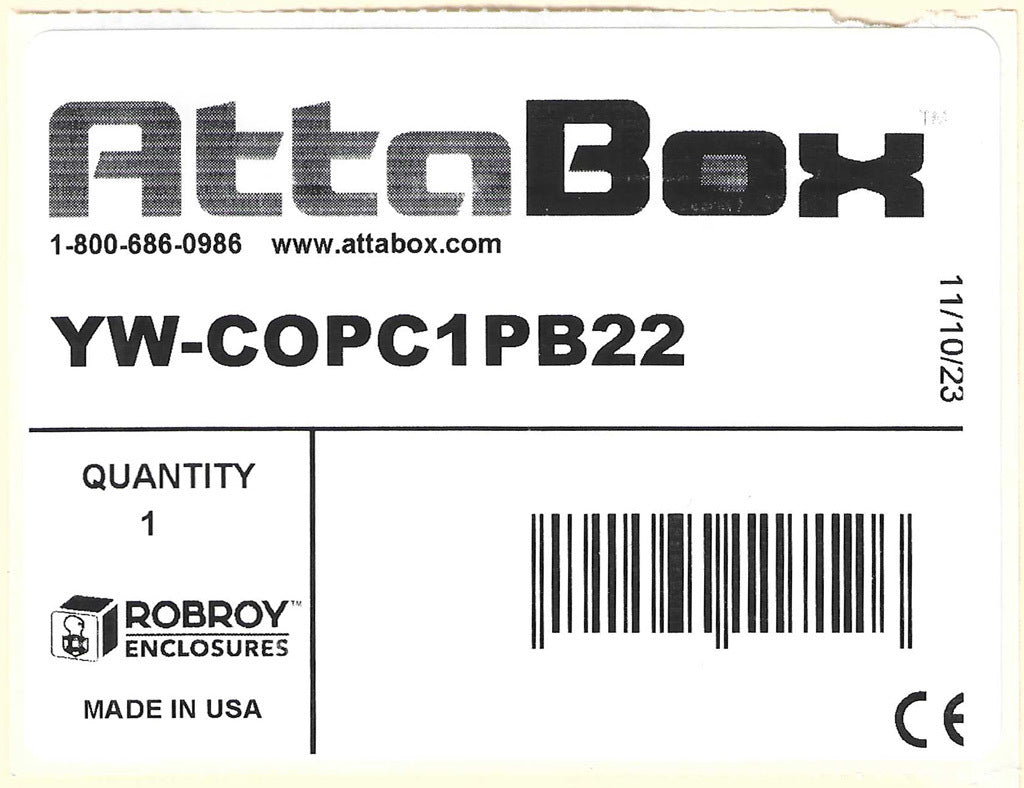 AttaBox Commander series pushbutton enclosure, 1 hole, 22mm, NEMA 1/3R/4X/6P/12, 4 x 3 x 2in (HxWxD), polycarbonate, yellow cover/black body, screw cover.-YW-COPC1PB22