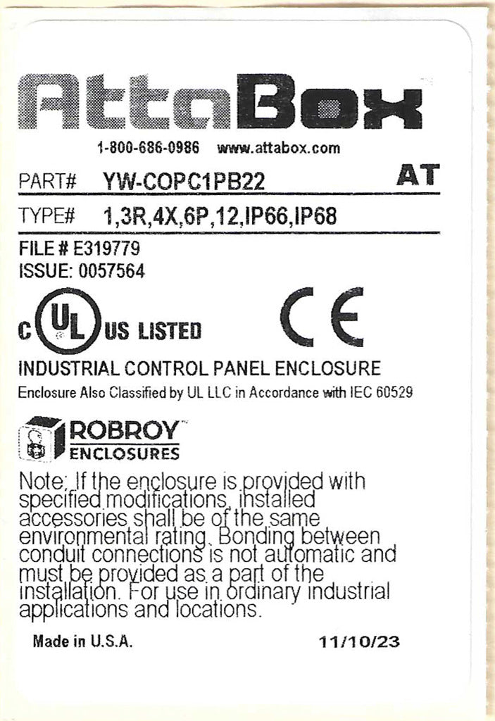 AttaBox Commander series pushbutton enclosure, 1 hole, 22mm, NEMA 1/3R/4X/6P/12, 4 x 3 x 2in (HxWxD), polycarbonate, yellow cover/black body, screw cover.-YW-COPC1PB22