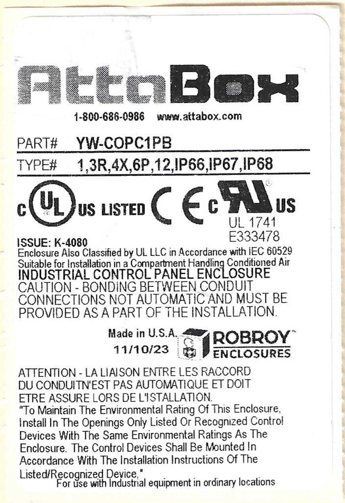 AttaBox Commander series pushbutton enclosure, 1 hole, 30mm, NEMA 1/3R/4X/6P/12, 4 x 3 x 2in (HxWxD), polycarbonate, yellow cover/black body, screw cover.-YW-COPC1PB