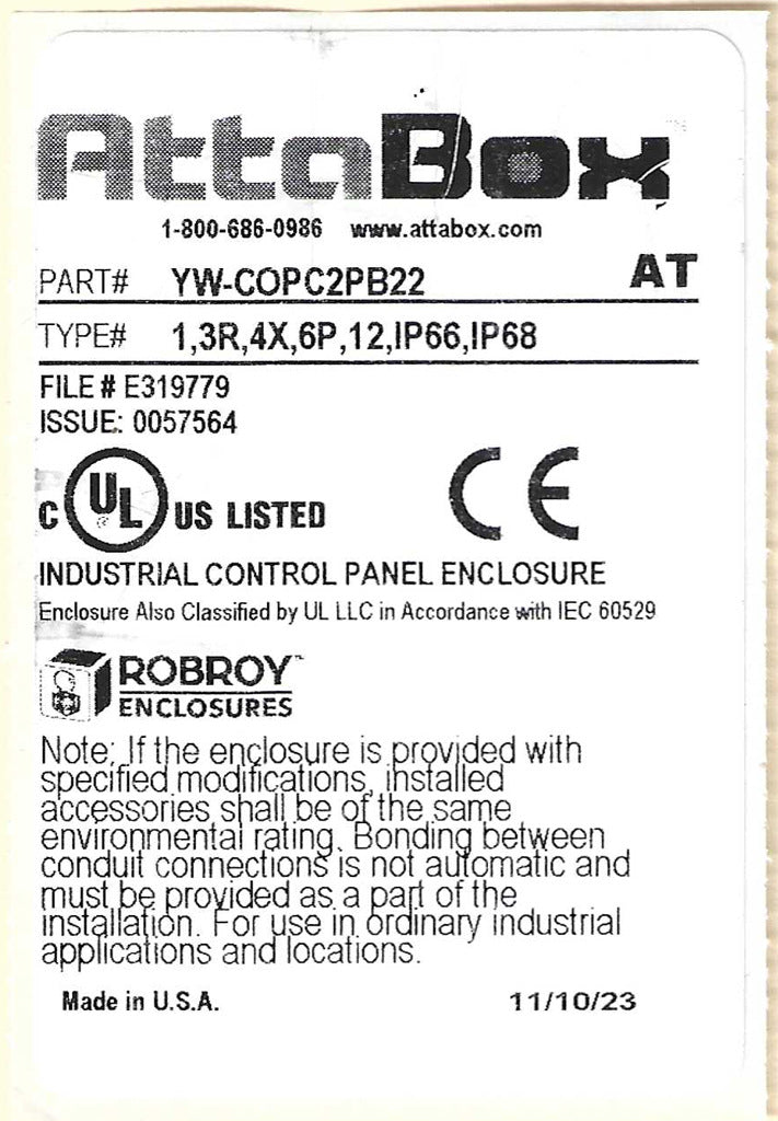 AttaBox Commander series pushbutton enclosure, 2 holes, 22mm, NEMA 1/3R/4X/6P/12, 5 x 3 x 3in (HxWxD), polycarbonate, yellow cover/black body, screw cover.-YW-COPC2PB22