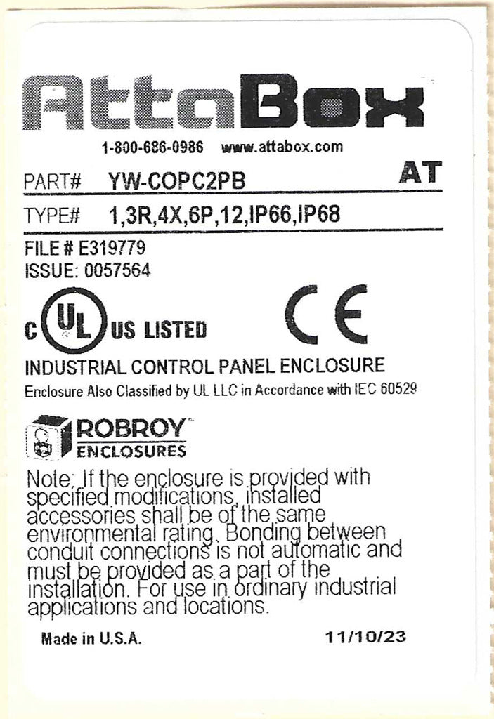 AttaBox Commander series pushbutton enclosure, 2 holes, 30mm, NEMA 1/3R/4X/6P/12, 5 x 3 x 3in (HxWxD), polycarbonate, yellow cover/black body, screw cover.-YW-COPC2PB