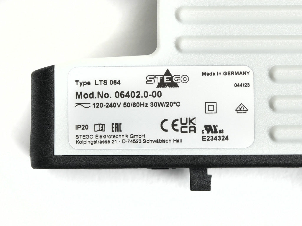 Stego enclosure heater, 30W heating capacity, touch-safe PTC resistor heating element, 120-240 VAC/VDC operating voltage, 50/60 Hz, 35mm DIN rail or panel mount.-06402.0-00
