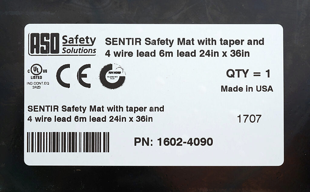 ASO Safety Solutions safety contact mat, 24 x 36in, integrated taper edge, 24 VAC/VDC operating voltage, polyurethane contact surface, black, IP65, 19.6ft/6m cable length, pigtail.-1602-4090