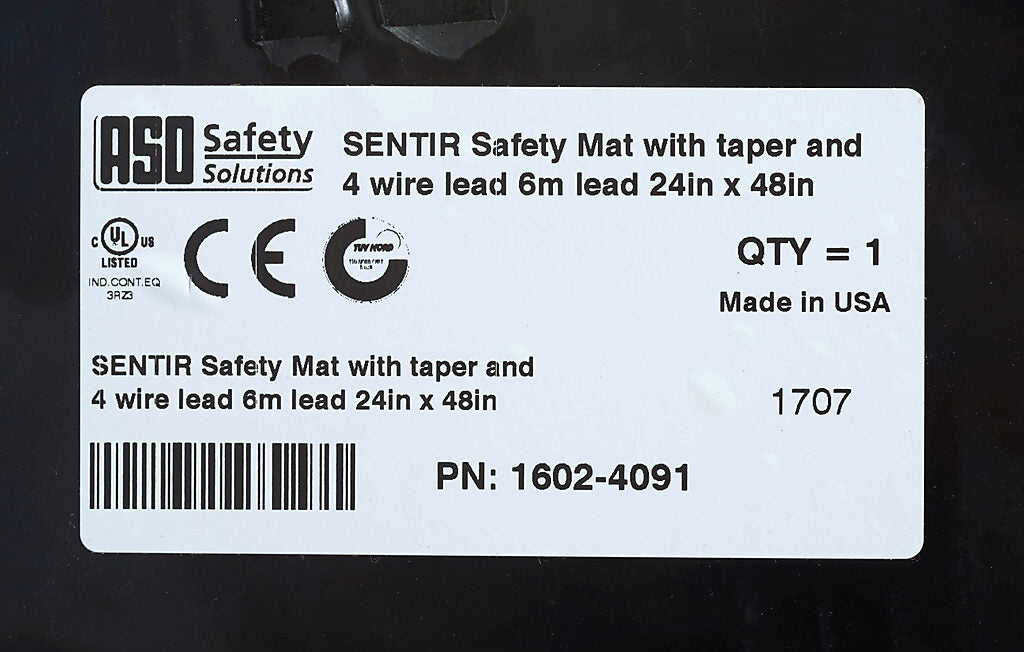 ASO Safety Solutions safety contact mat, 24 x 48in, integrated taper edge, 24 VAC/VDC operating voltage, polyurethane contact surface, black, IP65, 19.6ft/6m cable length, pigtail.-1602-4091