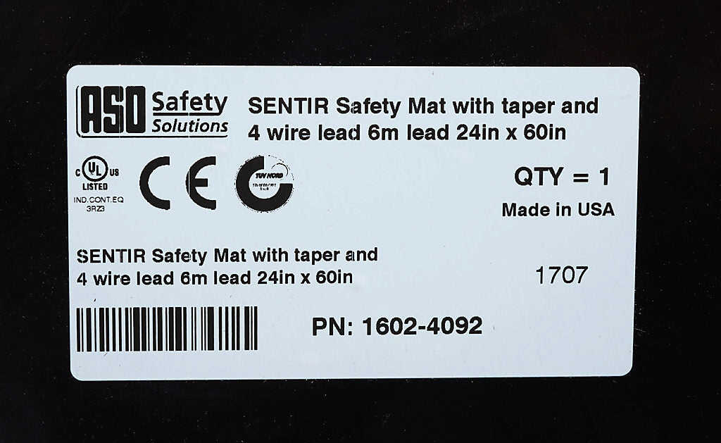 ASO Safety Solutions safety contact mat, 24 x 60in, integrated taper edge, 24 VAC/VDC operating voltage, polyurethane contact surface, black, IP65, 19.6ft/6m cable length, pigtail.-1602-4092