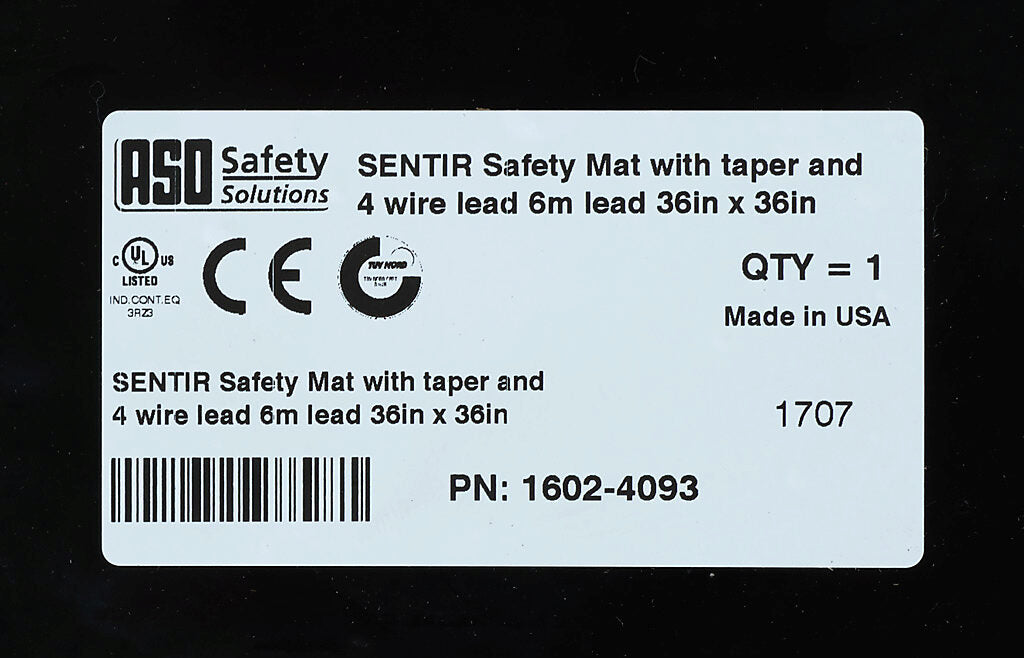 ASO Safety Solutions safety contact mat, 36 x 36in, integrated taper edge, 24 VAC/VDC operating voltage, polyurethane contact surface, black, IP65, 19.6ft/6m cable length, pigtail.-1602-4093