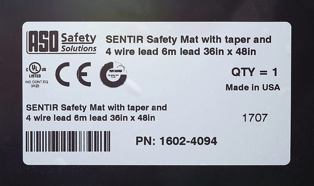 ASO Safety Solutions safety contact mat, 36 x 48in, integrated taper edge, 24 VAC/VDC operating voltage, polyurethane contact surface, black, IP65, 19.6ft/6m cable length, pigtail.-1602-4094