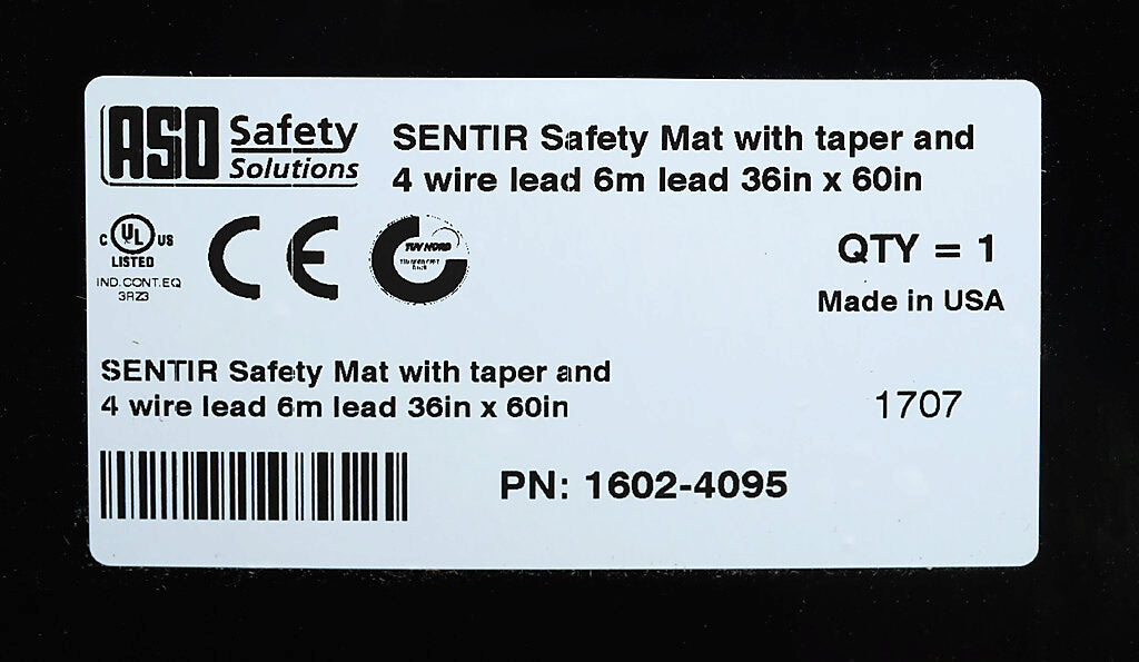 ASO Safety Solutions safety contact mat, 36 x 60in, integrated taper edge, 24 VAC/VDC operating voltage, polyurethane contact surface, black, IP65, 19.6ft/6m cable length, pigtail.-1602-4095
