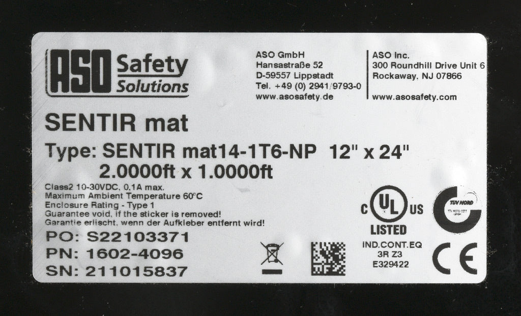 ASO Safety Solutions safety contact mat, 12 x 24in, integrated taper edge, 24 VAC/VDC operating voltage, polyurethane contact surface, black, IP65, 19.6ft/6m cable length, pigtail.-1602-4096