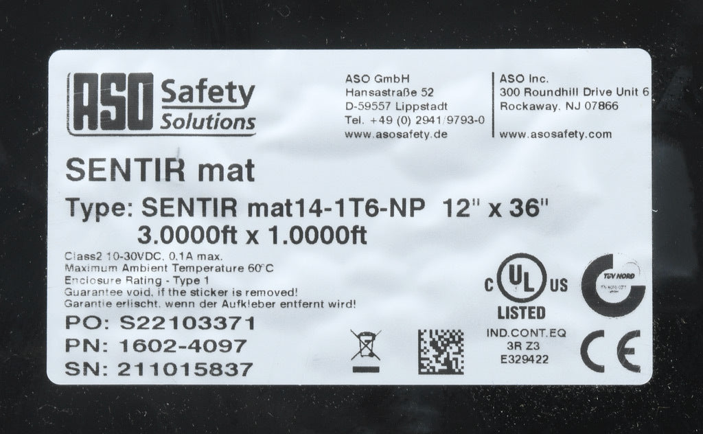 ASO Safety Solutions safety contact mat, 12 x 36in, integrated taper edge, 24 VAC/VDC operating voltage, polyurethane contact surface, black, IP65, 19.6ft/6m cable length, pigtail.-1602-4097
