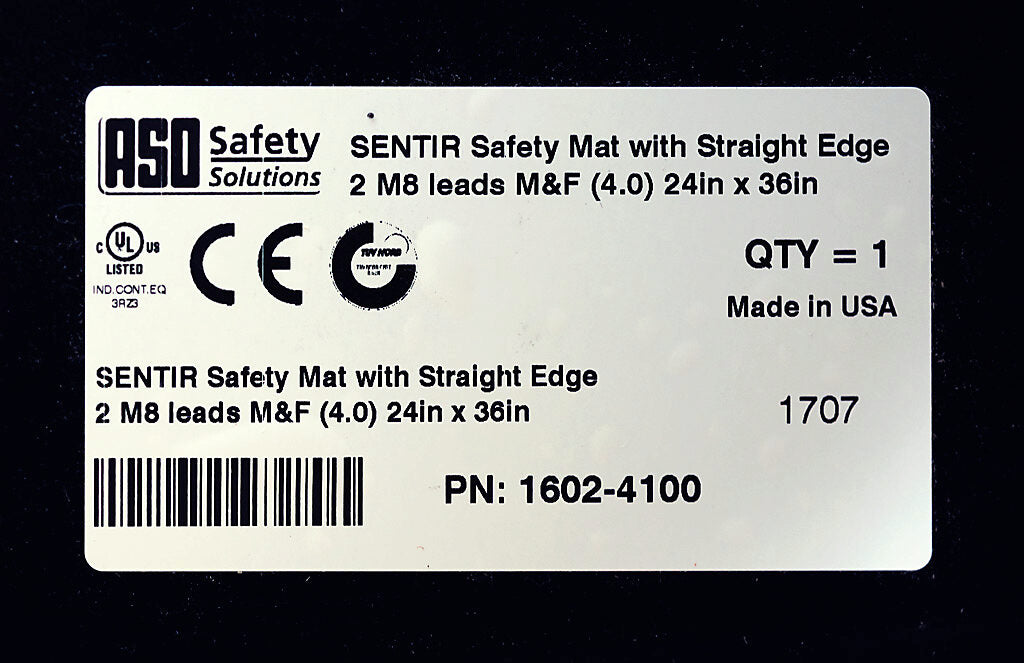 ASO Safety Solutions safety contact mat, 24 x 36in, straight edge, 24 VAC/VDC operating voltage, polyurethane contact surface, black, IP65, 4.7in/120mm cable length, (1) 3-pin male M8 connector and (1) 3-pin female M8 connector.-1602-4100