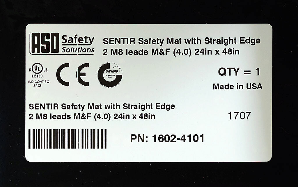 ASO Safety Solutions safety contact mat, 24 x 48in, straight edge, 24 VAC/VDC operating voltage, polyurethane contact surface, black, IP65, 4.7in/120mm cable length, (1) 3-pin male M8 connector and (1) 3-pin female M8 connector.-1602-4101
