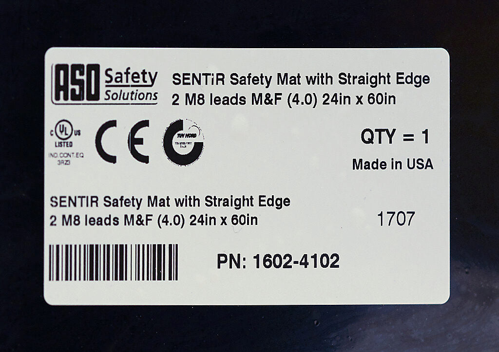ASO Safety Solutions safety contact mat, 24 x 60in, straight edge, 24 VAC/VDC operating voltage, polyurethane contact surface, black, IP65, 4.7in/120mm cable length, (1) 3-pin male M8 connector and (1) 3-pin female M8 connector.-1602-4102