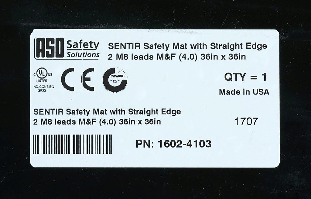 ASO Safety Solutions safety contact mat, 36 x 36in, straight edge, 24 VAC/VDC operating voltage, polyurethane contact surface, black, IP65, 4.7in/120mm cable length, (1) 3-pin male M8 connector and (1) 3-pin female M8 connector.-1602-4103