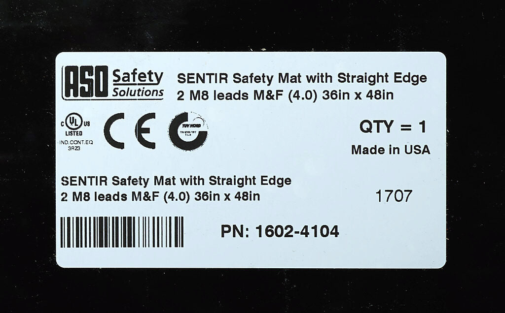 ASO Safety Solutions safety contact mat, 36 x 48in, straight edge, 24 VAC/VDC operating voltage, polyurethane contact surface, black, IP65, 4.7in/120mm cable length, (1) 3-pin male M8 connector and (1) 3-pin female M8 connector.-1602-4104