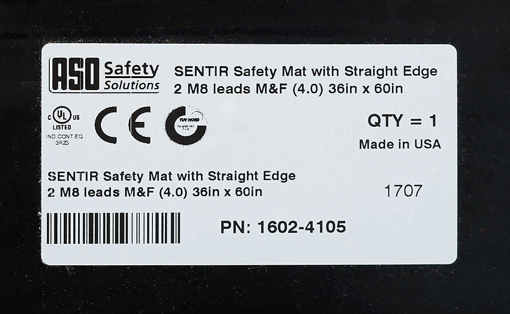 ASO Safety Solutions safety contact mat, 36 x 60in, straight edge, 24 VAC/VDC operating voltage, polyurethane contact surface, black, IP65, 4.7in/120mm cable length, (1) 3-pin male M8 connector and (1) 3-pin female M8 connector.-1602-4105