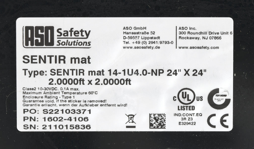 ASO Safety Solutions safety contact mat, 24 x 24in, straight edge, 24 VAC/VDC operating voltage, polyurethane contact surface, black, IP65, 4.7in/120mm cable length, (1) 3-pin male M8 connector and (1) 3-pin female M8 connector.-1602-4106